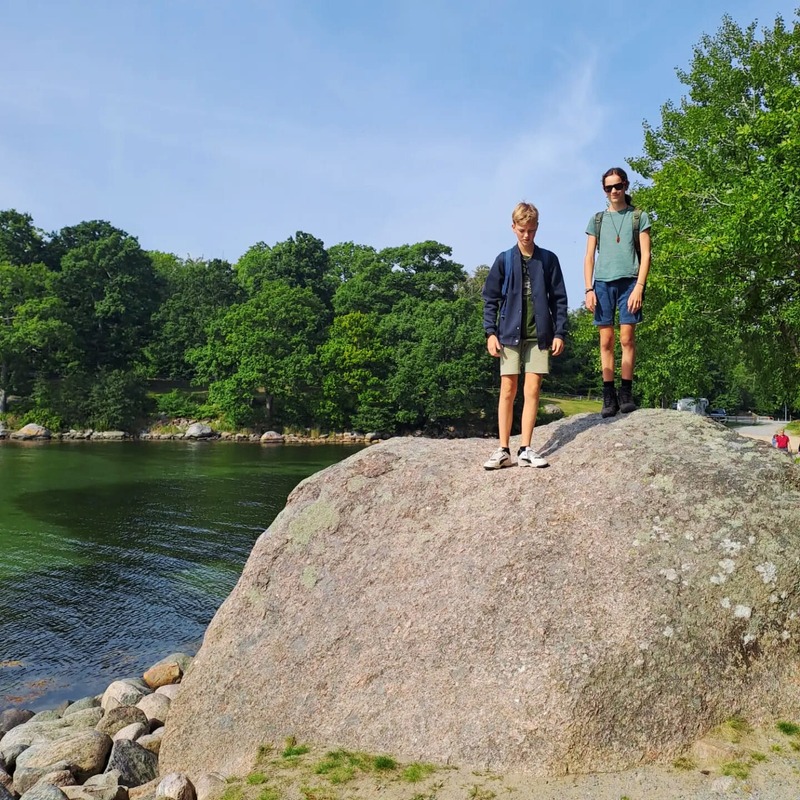 The boys standing on a rock by the water