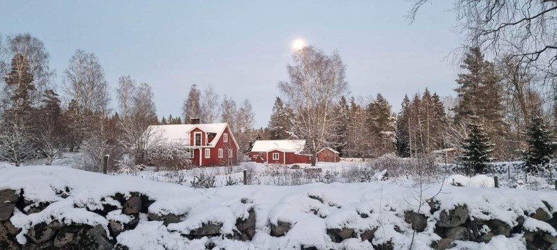 Our red houses in the snow under a full moon