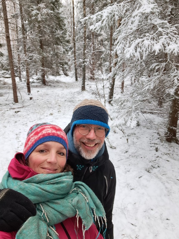 The two of us on a winter hike through snowy woods